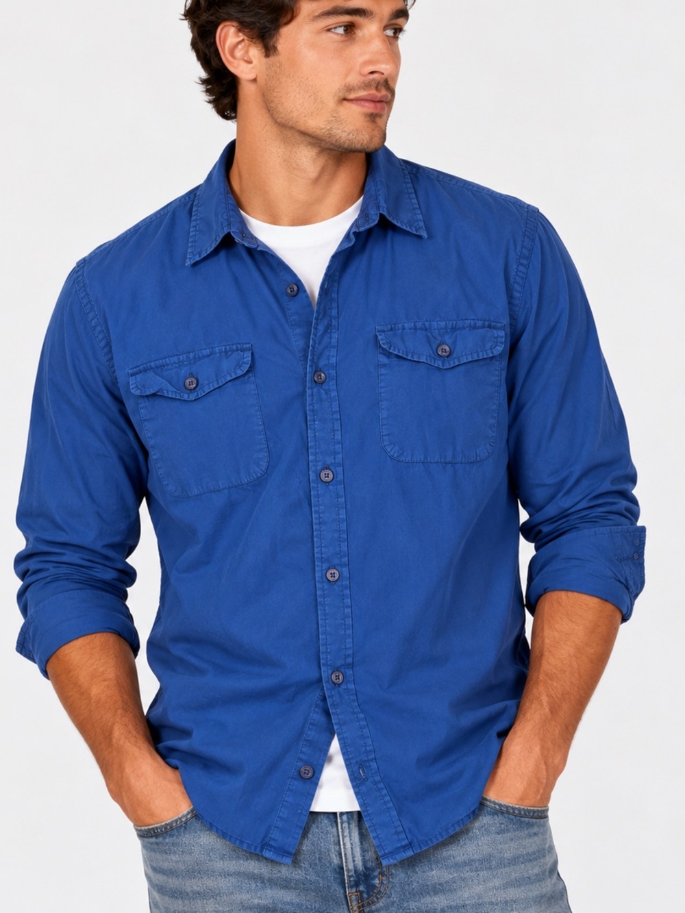 Guess Logan Men’s Blue Button Up Shirt L Regular Fit 100% Cotton Utility Pocket